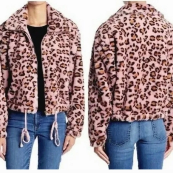 V.S..PINK " Know One Cares" Leopard Print Faux Fur Semi Cropped Jacket (Pink)-L - Picture 4 of 5